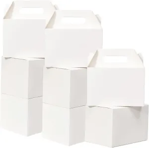 Shallive 28 Pack Large Treat Boxes White - 9 x 6 x 6 inches Gable Gift Boxes with Handle Cardboard Lunch Boxes Recycled Paper Take Out Boxes Welcome Boxes For Wedding Baby Shower Birthday