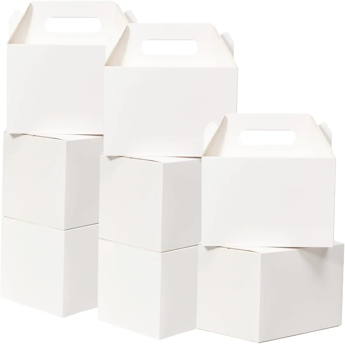 Shallive 28 Pack Large Treat Boxes White - 9 x 6 x 6 inches Gable Gift Boxes with Handle Cardboard Lunch Boxes Recycled Paper Take Out Boxes Welcome Boxes For Wedding Baby Shower Birthday
