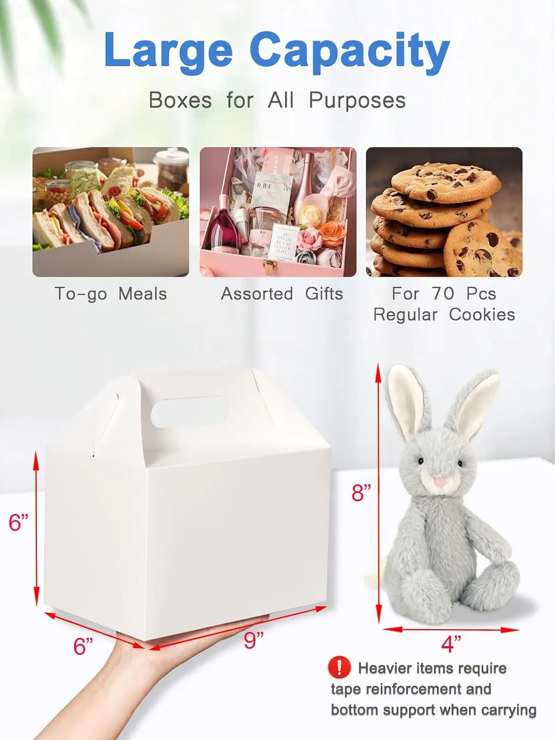 Shallive 28 Pack Large Treat Boxes White - 9 x 6 x 6 inches Gable Gift Boxes with Handle Cardboard Lunch Boxes Recycled Paper Take Out Boxes Welcome Boxes For Wedding Baby Shower Birthday