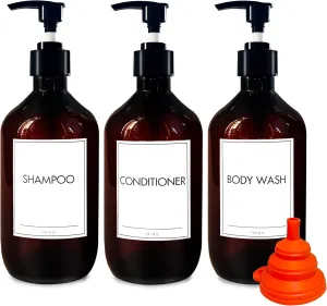 Shampoo and Conditioner Dispenser 16.9oz/500ml Refillable Shampoo Pump Bottles with Labels for Bathroom Empty Hand Wash Dispenser Set of 3