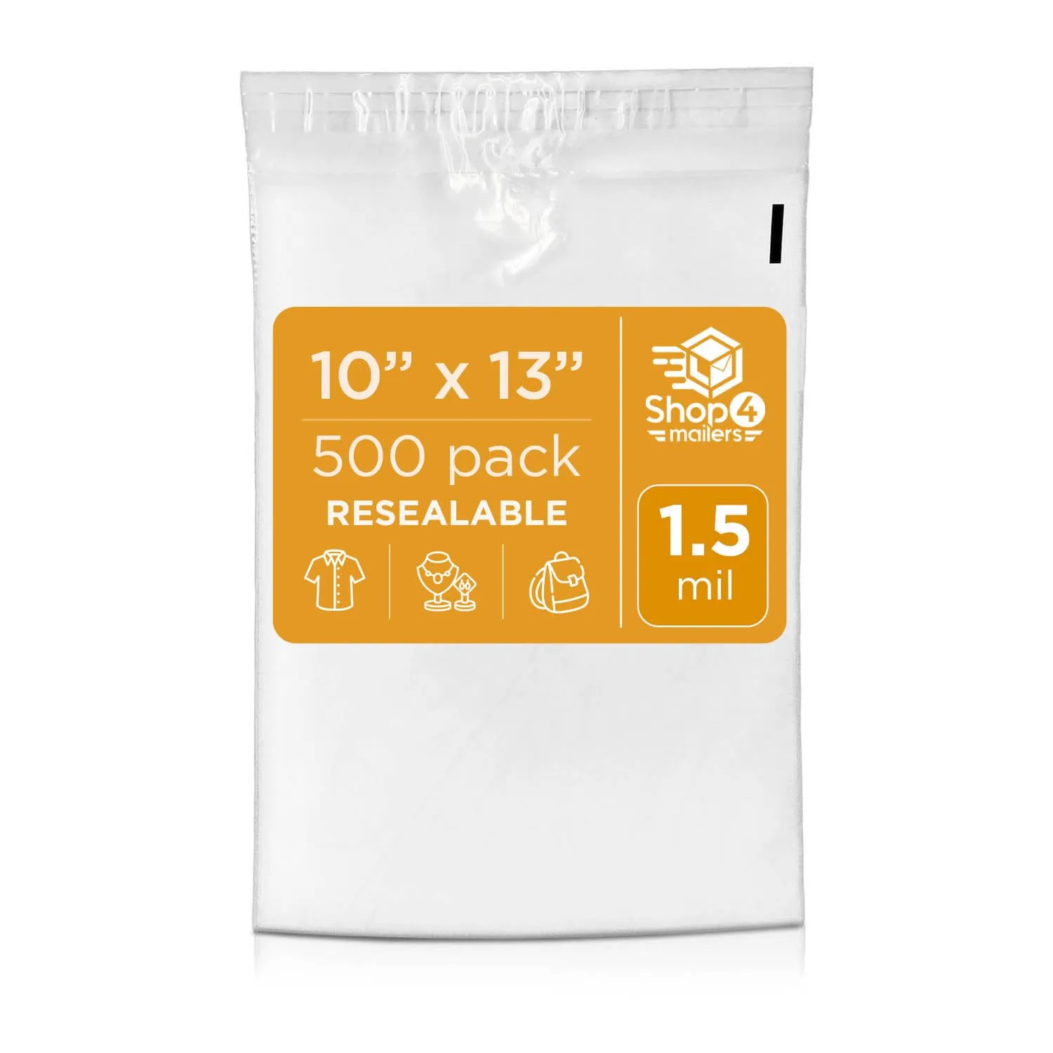 Shop4Mailers 10 x 13 Clear Plastic Poly Bags 1.5 Mil Self Seal Packaging for Apparel, Jewelry, Documents, Prints, Gifts, Storage – Resealable (500 Pack)