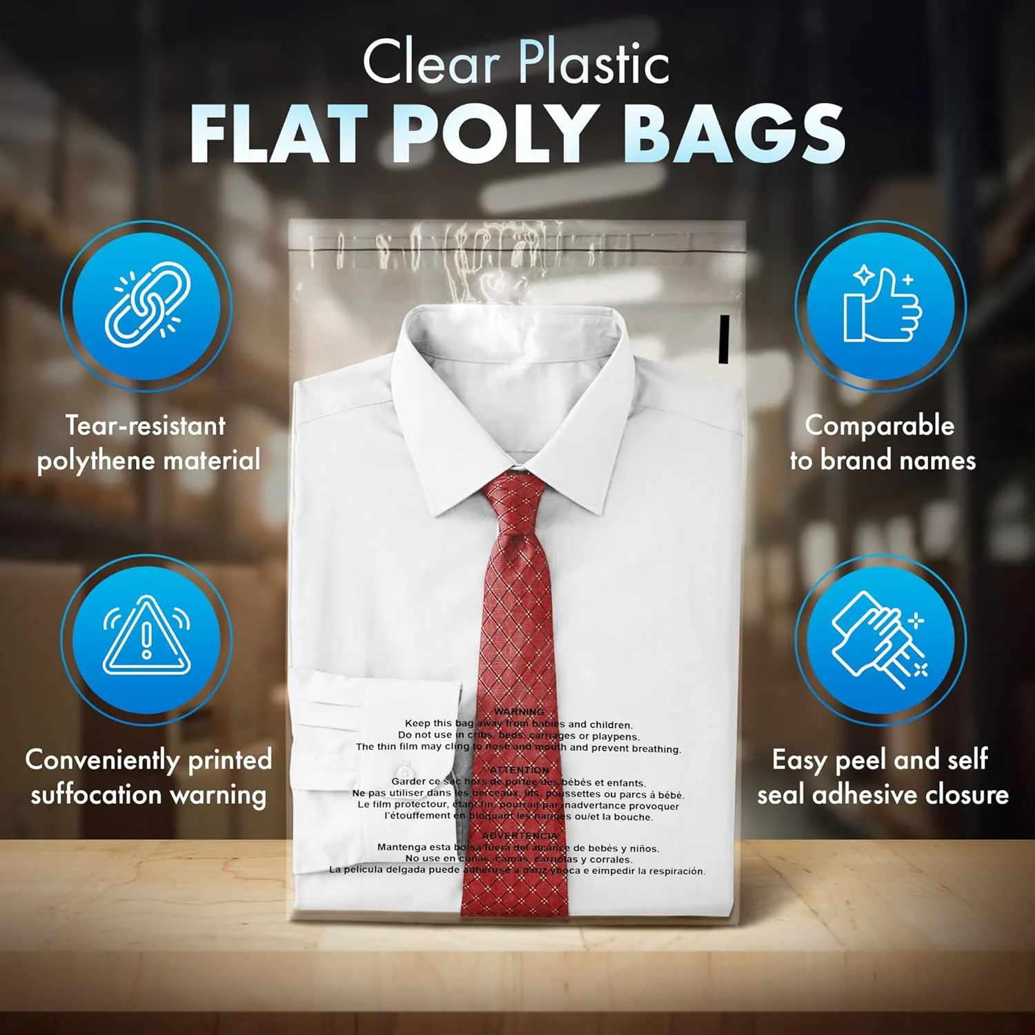 Shop4Mailers 9 x 12 Clear Plastic Flat Poly Bags with Suffocation Warning Self Seal Adhesive 1.5 Mil for Business FBA Packaging, Jewelry, Clothes, Prints, Storage – Resealable (1000 Pack)