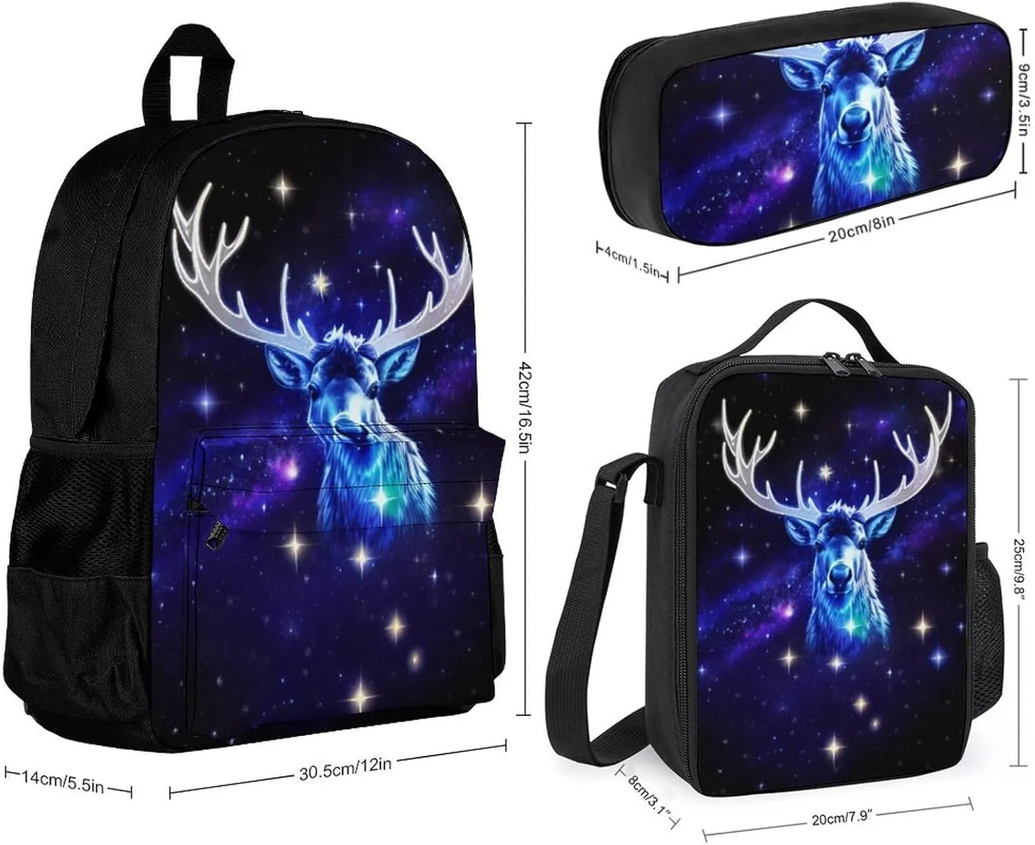 Shoulder Book Bags Sets, Rucksack   Lunch Bag   Pencil Case for Hiking Travel Cycling, Galaxy Starry Sky Christmas Elk Moose Art Camping Outdoor Backpack for Adults