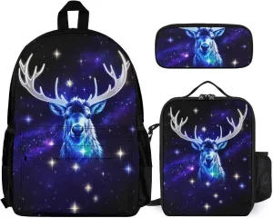 Shoulder Book Bags Sets, Rucksack   Lunch Bag   Pencil Case for Hiking Travel Cycling, Galaxy Starry Sky Christmas Elk Moose Art Camping Outdoor Backpack for Adults