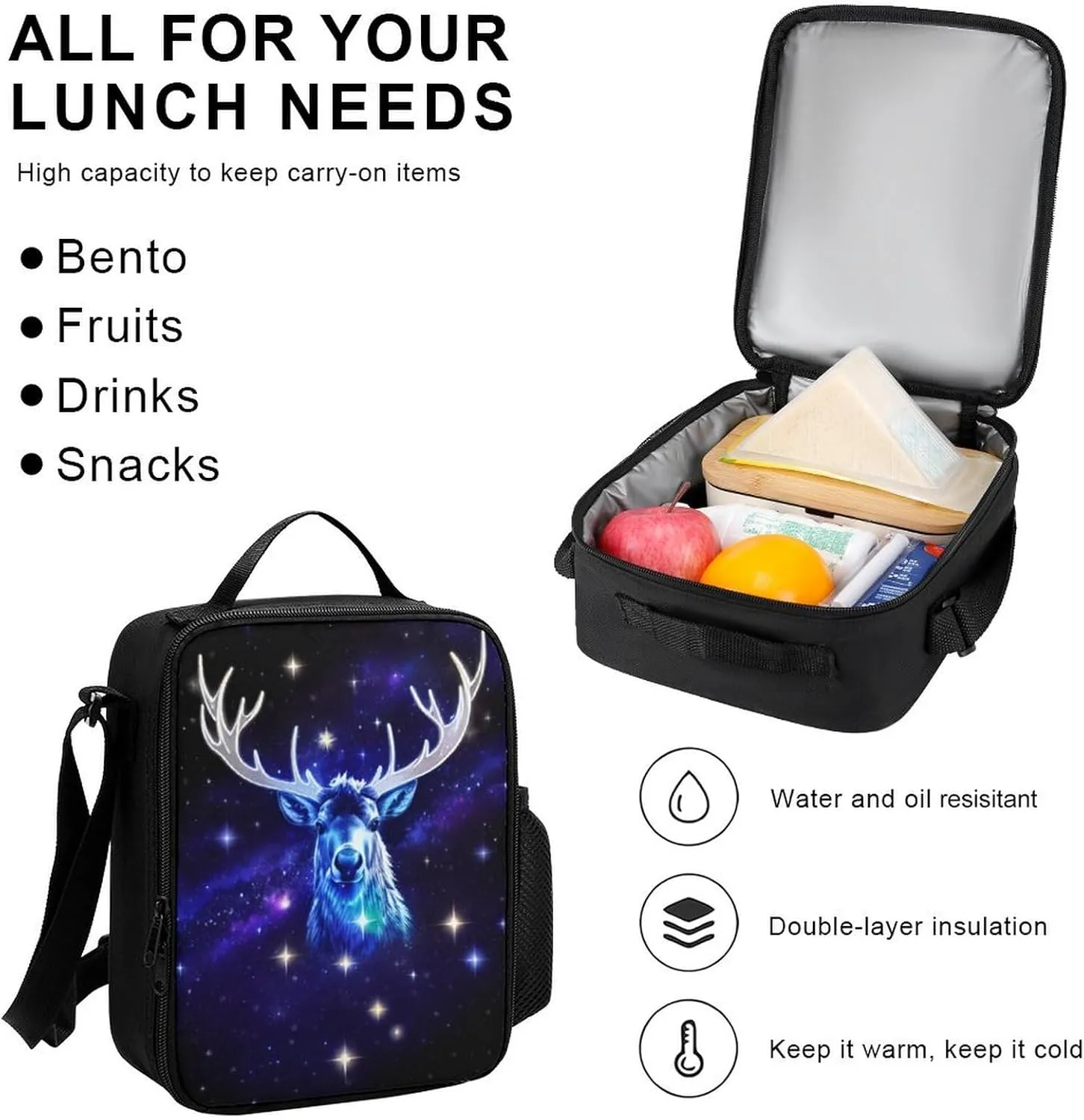 Shoulder Book Bags Sets, Rucksack   Lunch Bag   Pencil Case for Hiking Travel Cycling, Galaxy Starry Sky Christmas Elk Moose Art Camping Outdoor Backpack for Adults