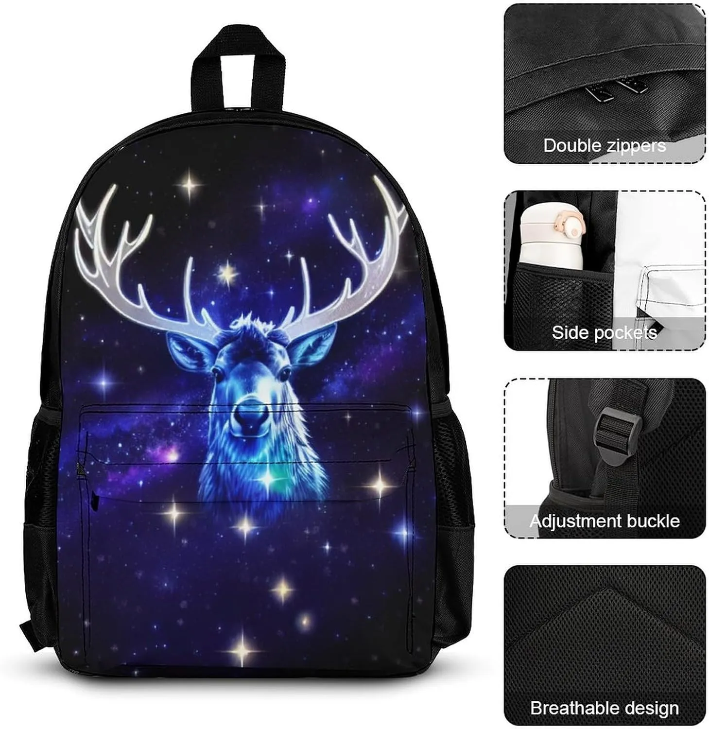 Shoulder Book Bags Sets, Rucksack   Lunch Bag   Pencil Case for Hiking Travel Cycling, Galaxy Starry Sky Christmas Elk Moose Art Camping Outdoor Backpack for Adults