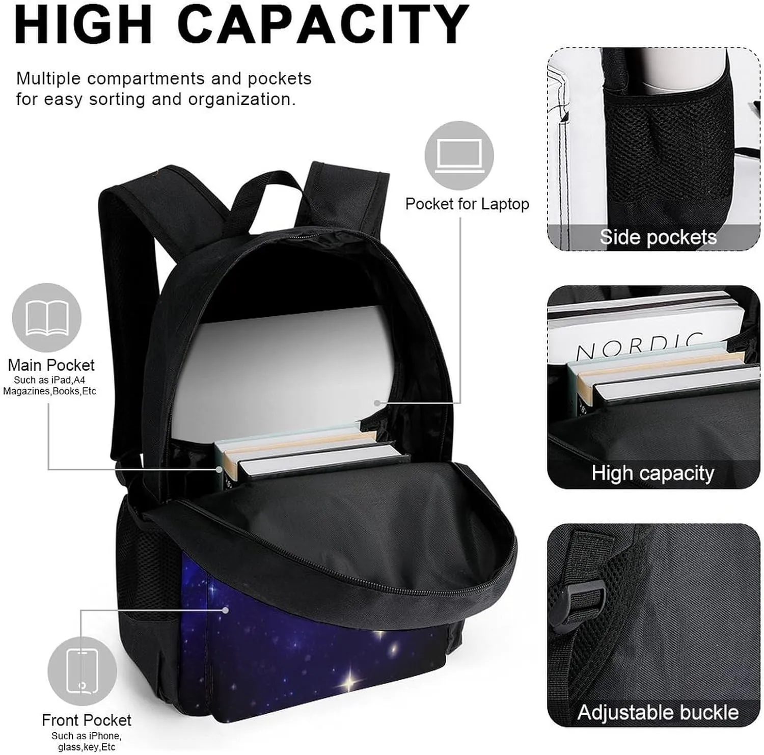 Shoulder Book Bags Sets, Rucksack   Lunch Bag   Pencil Case for Hiking Travel Cycling, Galaxy Starry Sky Christmas Elk Moose Art Camping Outdoor Backpack for Adults