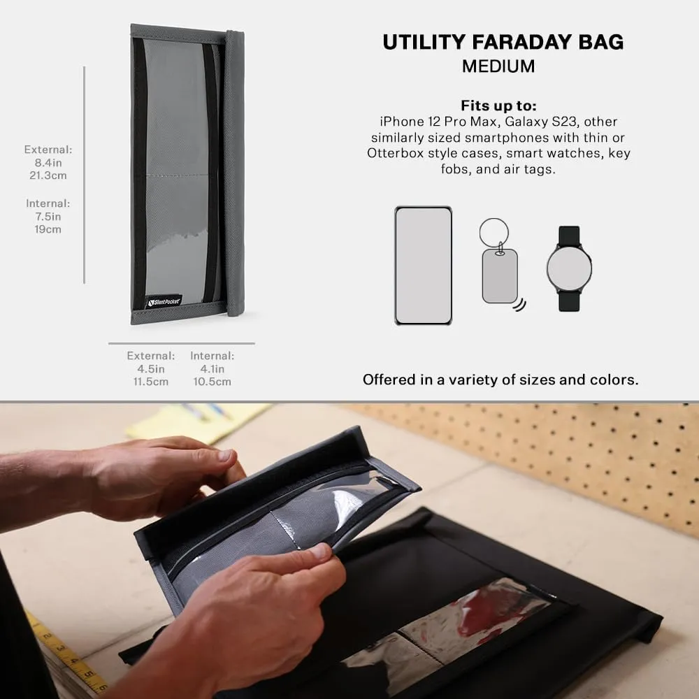 Silent Pocket Quick Access Smartphone SLNT Faraday Bag - Weatherproof Signal Blocking Nylon, Device Shielding for iPhone, Samsung Galaxy, Most Phones, Privacy Anti-Hacking (Charcoal Grey, Medium)