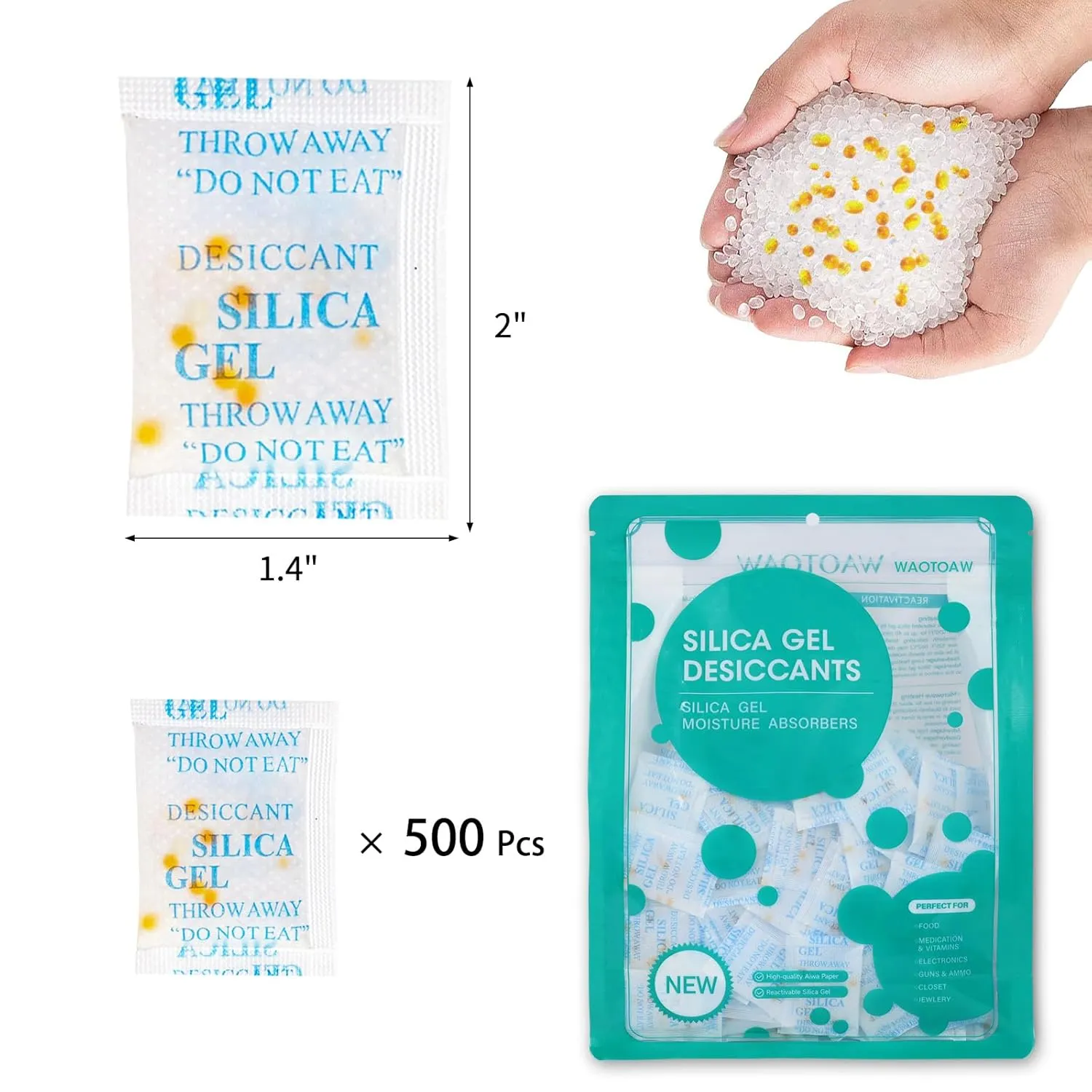 Silica Gel Packets with Color Indicating, 2 Gram [500 Packs] Desiccant Packs for Moisture Control, Moisture Absorbers, Food Grade Silica Packets with Indicator Beads