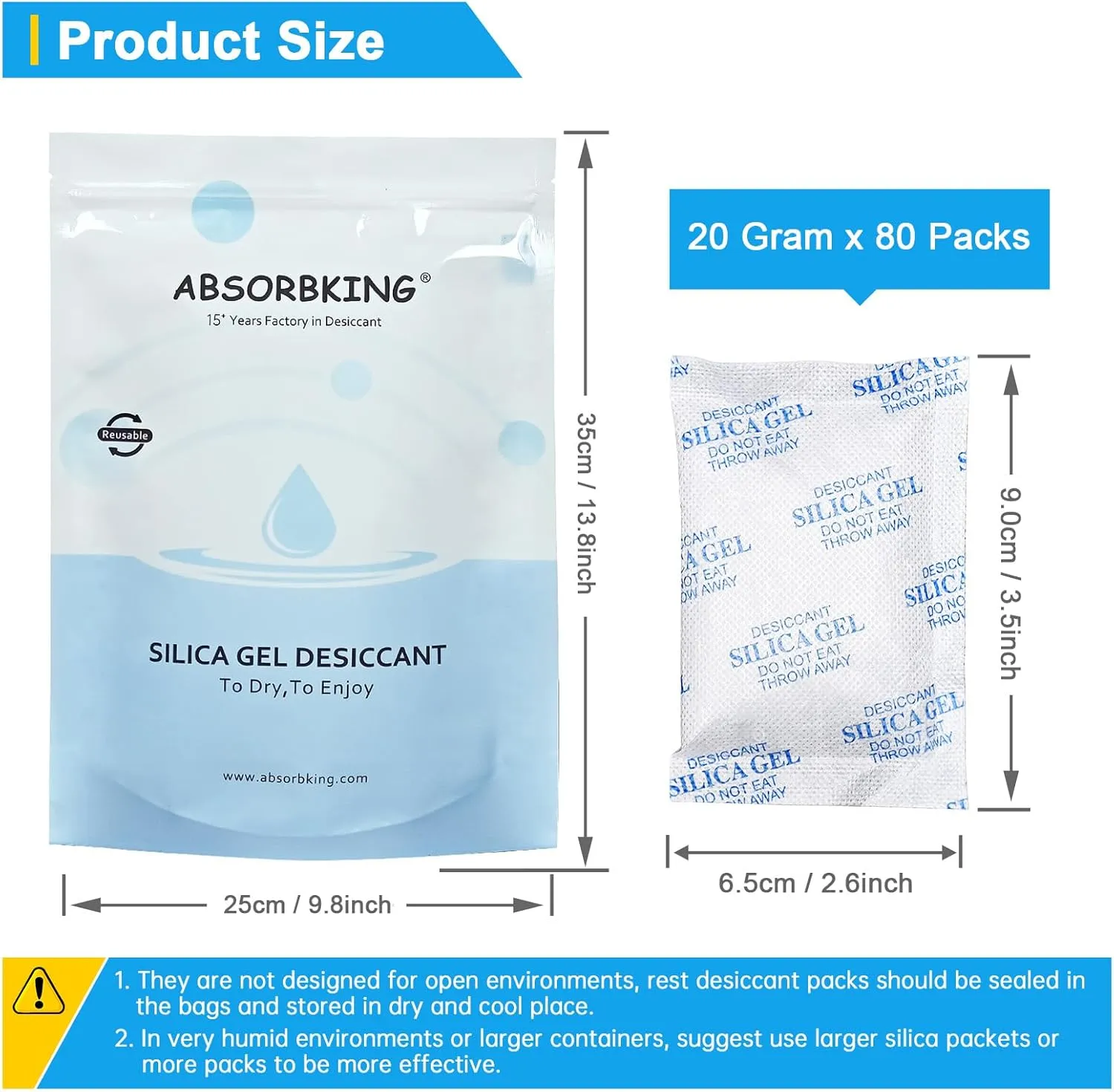 Silica Gel Packs - 80Pcs 20Gram Moisture Absorbers, Premium Transparent Desiccant for Storage, Silica Gel Desiccant Packets Food Safe for Moisture