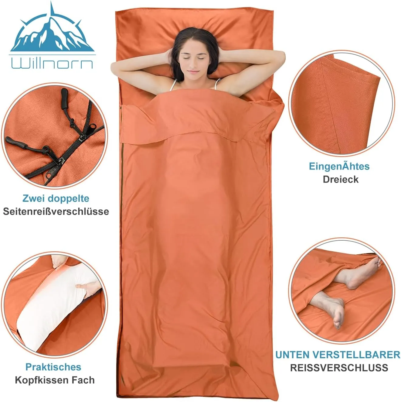 Sleeping Bag Liner, Upgraded Two Way Zippers Adult Sleep Sack & Self Tan Sleep Sack & Travel Sheets for Hotel Backpacking, Lightweight Single Camping Sleep Pod