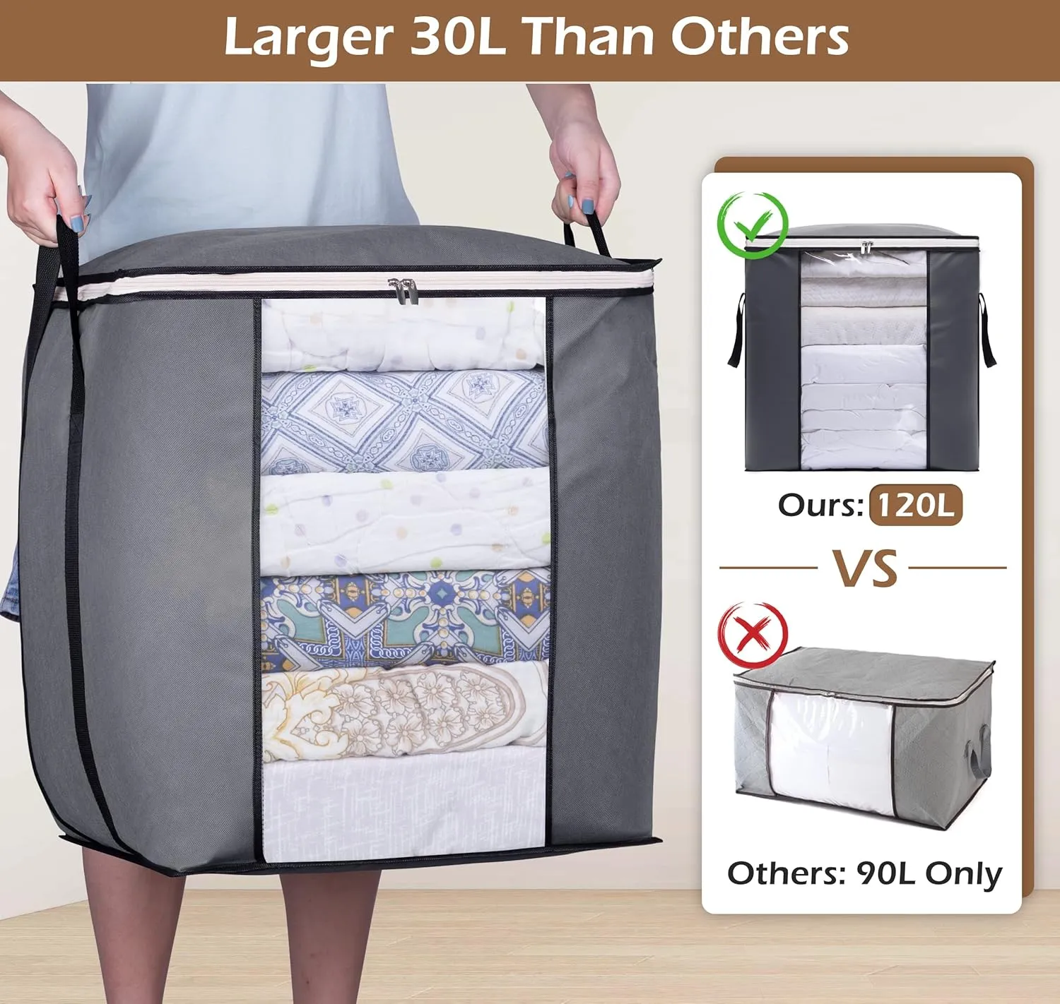SLEEPING LAMB 120L Extra Large Blanket Storage Bags Breathable Clothes Storage Containers for King Comforter Bedding Pillow Sheet, Grey, 2 Packs