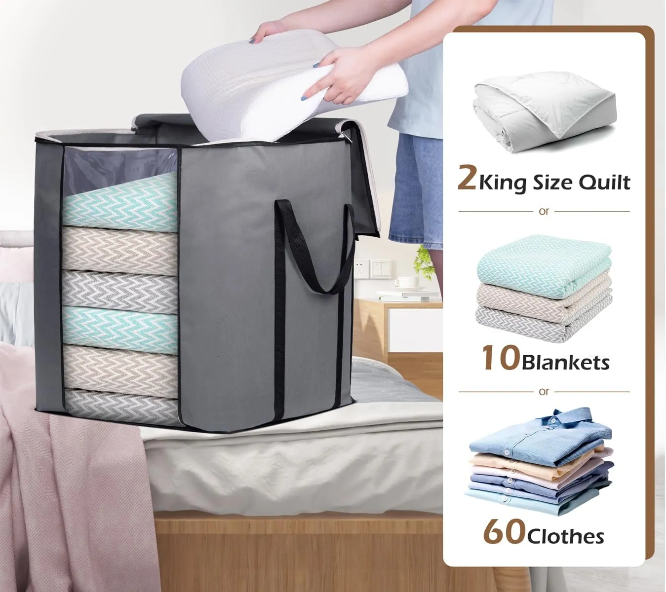 SLEEPING LAMB 120L Extra Large Blanket Storage Bags Breathable Clothes Storage Containers for King Comforter Bedding Pillow Sheet, Grey, 2 Packs