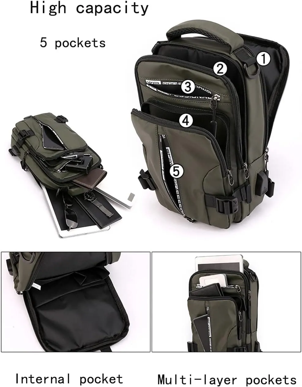 Sling Bag for Men Women Shoulder Backpack Chest Bags Crossbody Daypack with USB Cable for Hiking Camping Outdoor Trip (army green)