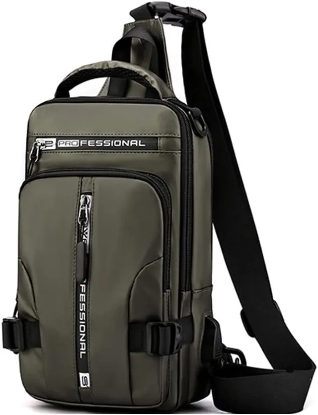 Sling Bag for Men Women Shoulder Backpack Chest Bags Crossbody Daypack with USB Cable for Hiking Camping Outdoor Trip (army green)