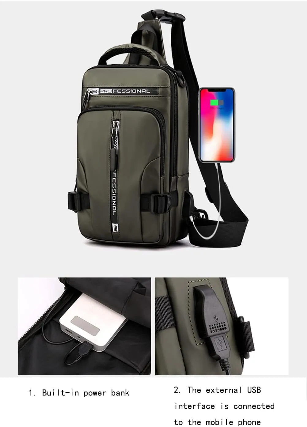 Sling Bag for Men Women Shoulder Backpack Chest Bags Crossbody Daypack with USB Cable for Hiking Camping Outdoor Trip (army green)