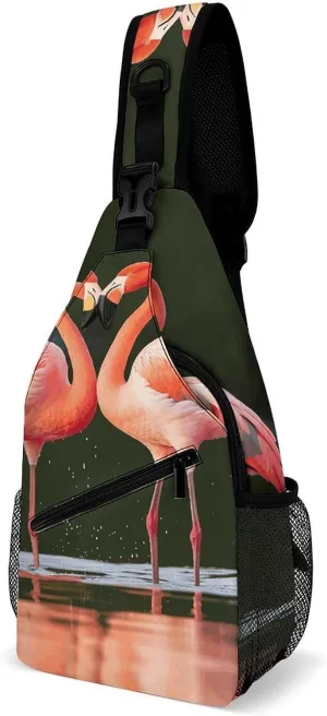 Small Crossbody Sling Backpack Flamingos Kiss in The Lake Chest Bags for Traveling Chest Fashion Shoulder Bag