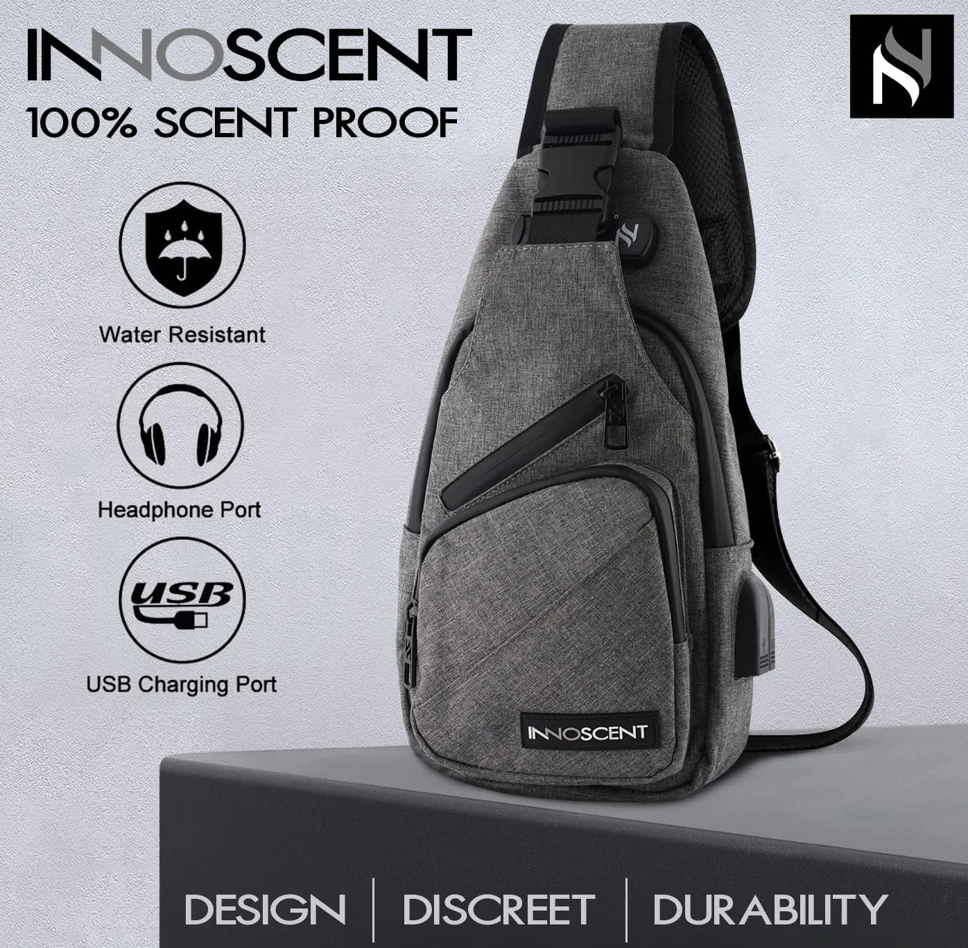 Smell Proof Sling Bag Backpack - COMBINATION LOCK - Shoulder Crossbody Bag With USB/Headphone Charging Port Black