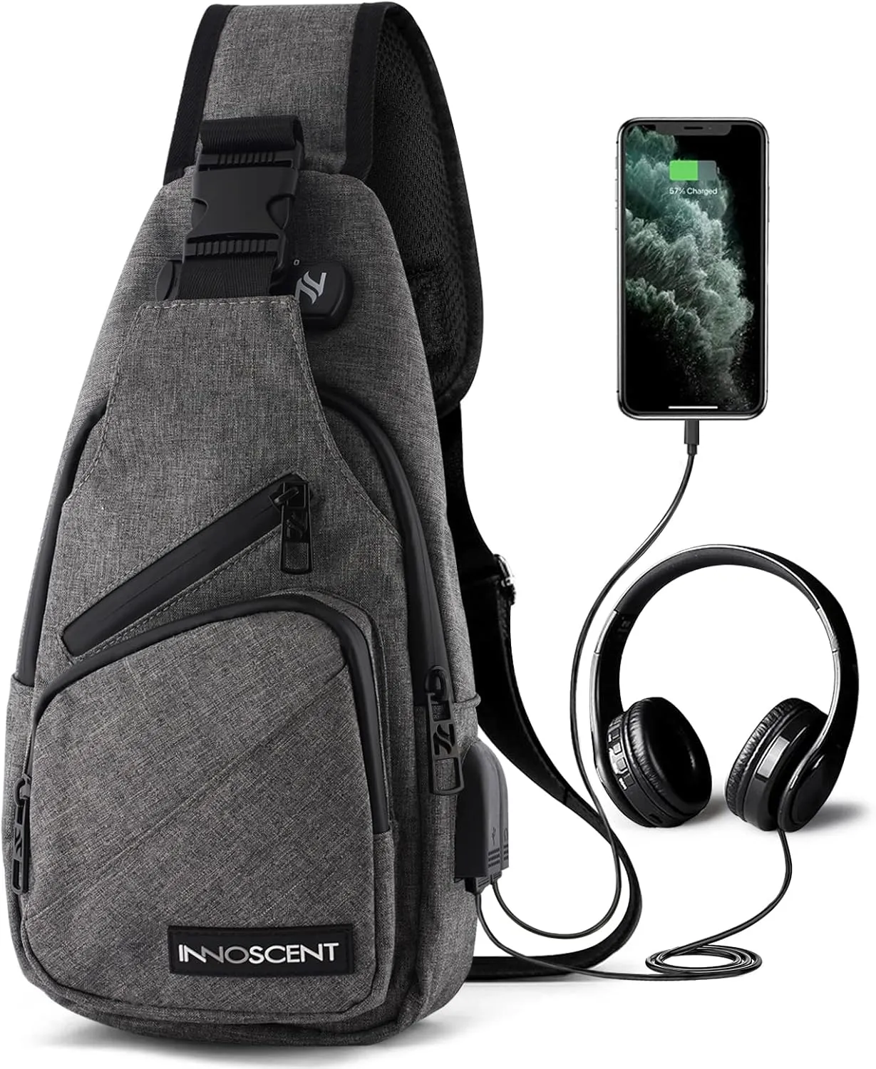 Smell Proof Sling Bag Backpack - COMBINATION LOCK - Shoulder Crossbody Bag With USB/Headphone Charging Port Black