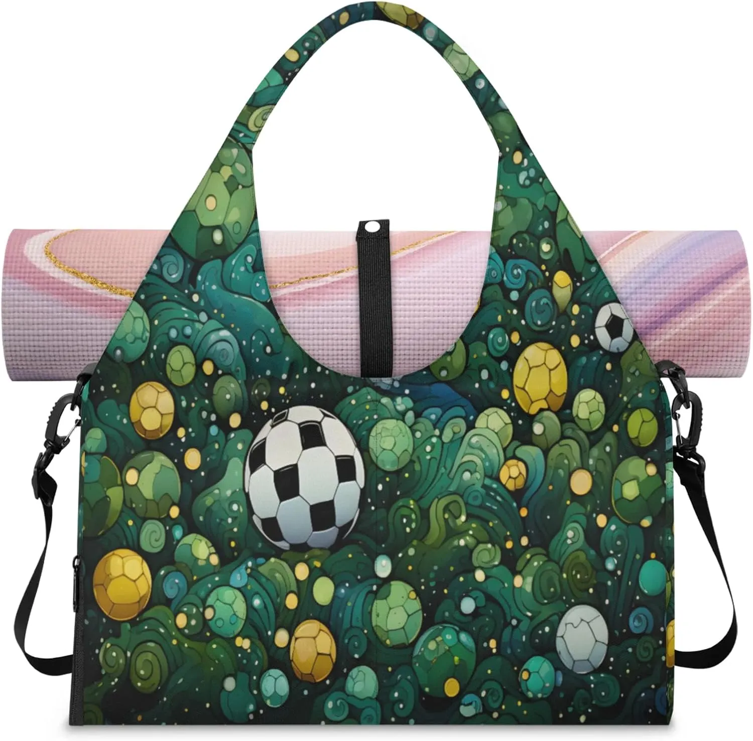 Soccer Green Stream Waterproof Gym Bag for Men Women, Sports Duffel Bag with Shoe Compartment Yoga Mat Holder, Portable Large Travel Bag for Fitness, Camping, Weekend Trips