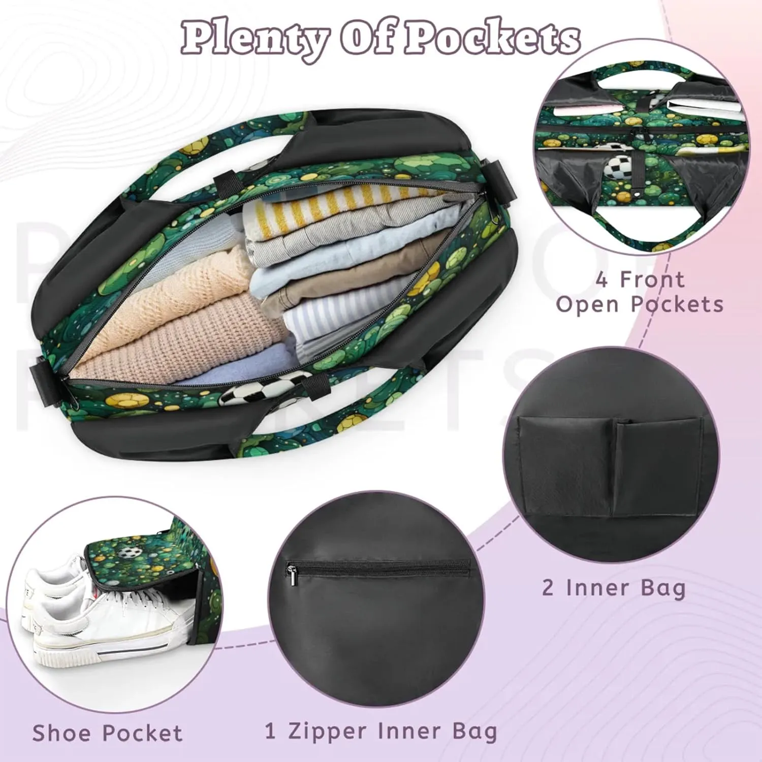 Soccer Green Stream Waterproof Gym Bag for Men Women, Sports Duffel Bag with Shoe Compartment Yoga Mat Holder, Portable Large Travel Bag for Fitness, Camping, Weekend Trips