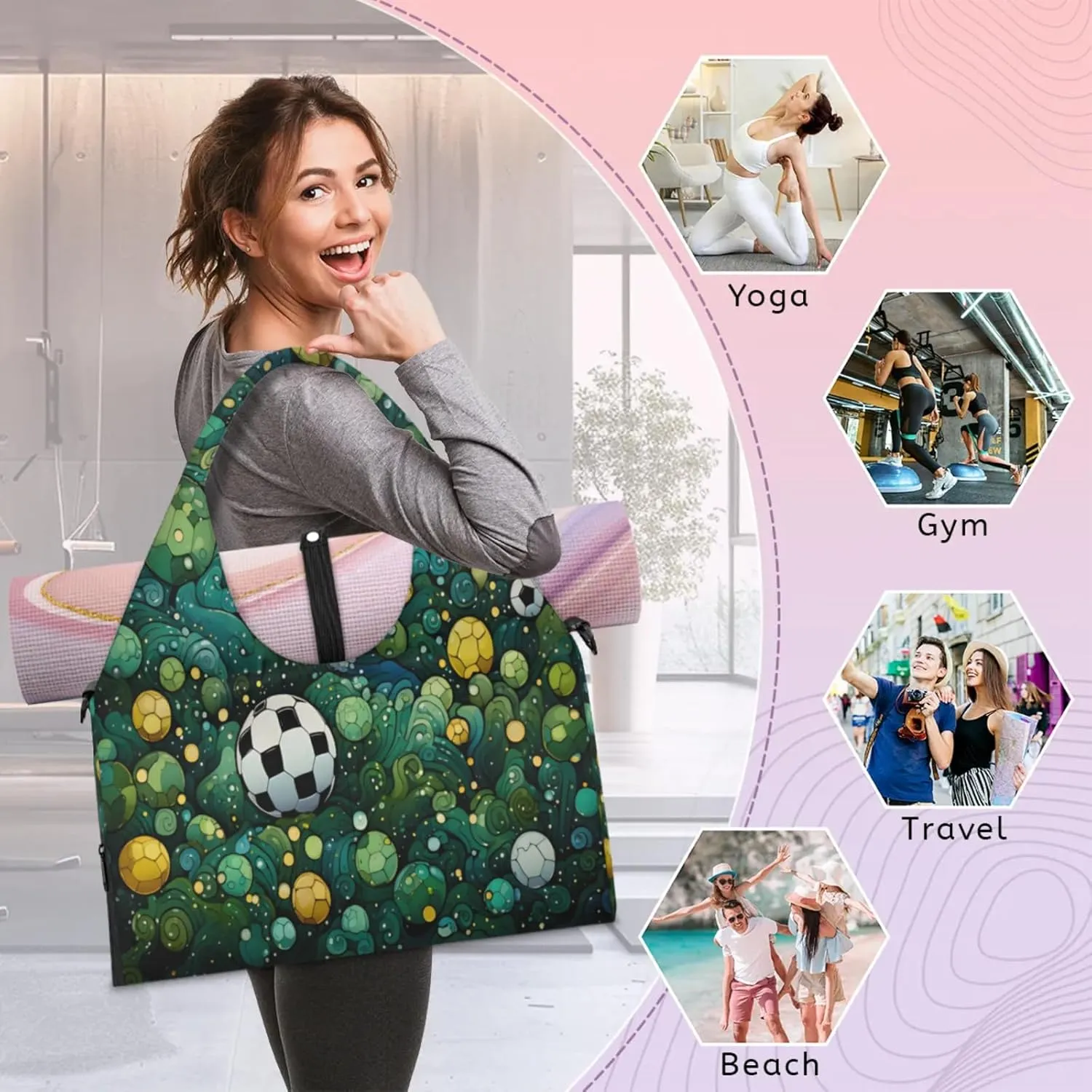 Soccer Green Stream Waterproof Gym Bag for Men Women, Sports Duffel Bag with Shoe Compartment Yoga Mat Holder, Portable Large Travel Bag for Fitness, Camping, Weekend Trips