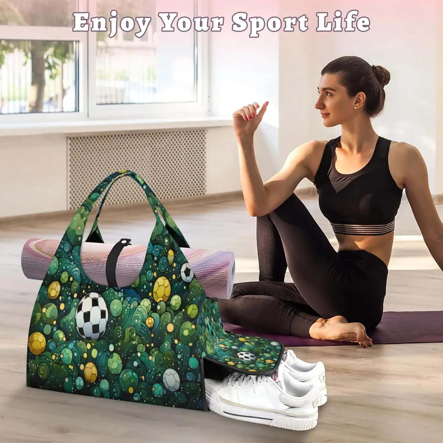 Soccer Green Stream Waterproof Gym Bag for Men Women, Sports Duffel Bag with Shoe Compartment Yoga Mat Holder, Portable Large Travel Bag for Fitness, Camping, Weekend Trips
