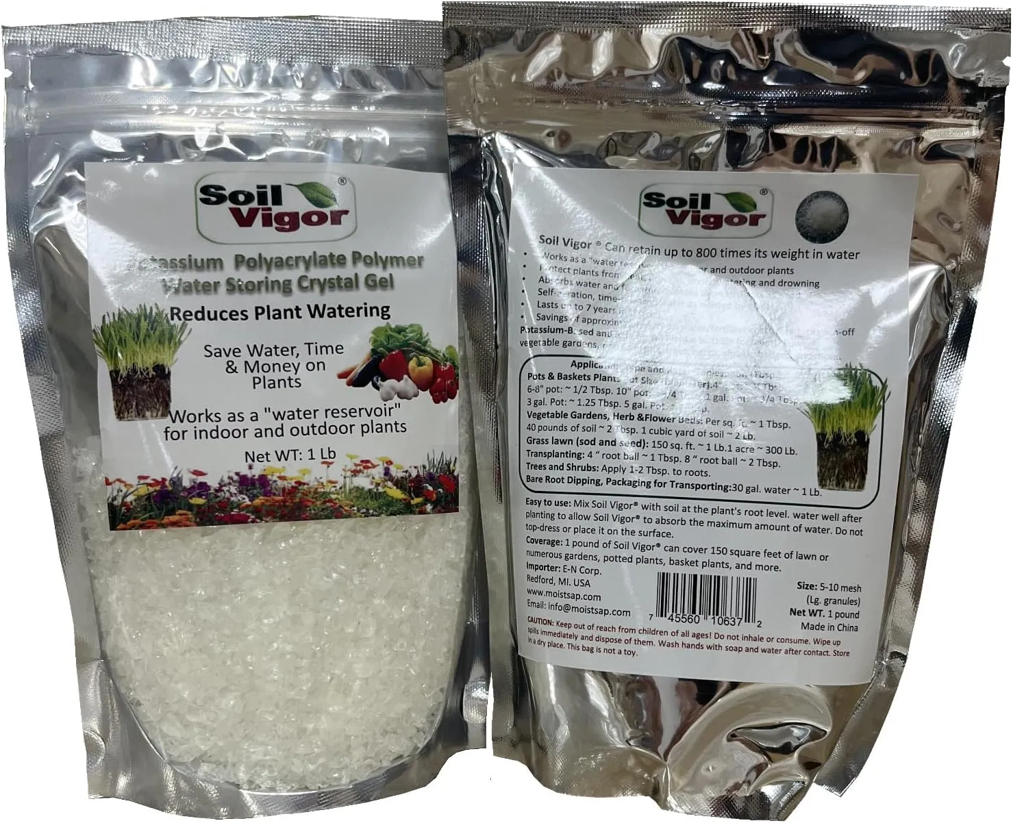 Soil Vigor® Potassium Polyacrylate – Commercial-Grade Superabsorbent Soil Amendment (5-10 Mesh) (2 lbs (2 x 1 lb Bags))