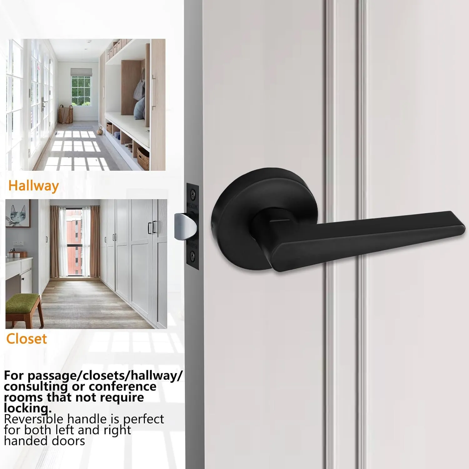 Solid Door Lever Handle with Key-Less for Hall & Closet Door Passage Round Non-Locking Lever Set - Matte Black, MD8820-DB-PS-5P