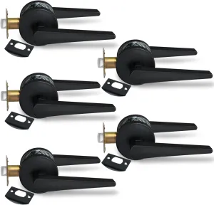 Solid Door Lever Handle with Key-Less for Hall & Closet Door Passage Round Non-Locking Lever Set - Matte Black, MD8820-DB-PS-5P