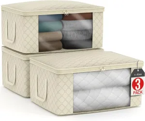 Sorbus Foldable Storage Bag Organizers, Large Clear Window & Carry Handles, Great for Clothes, Blankets, Closets, Bedrooms, and more (3-Pack, Beige)