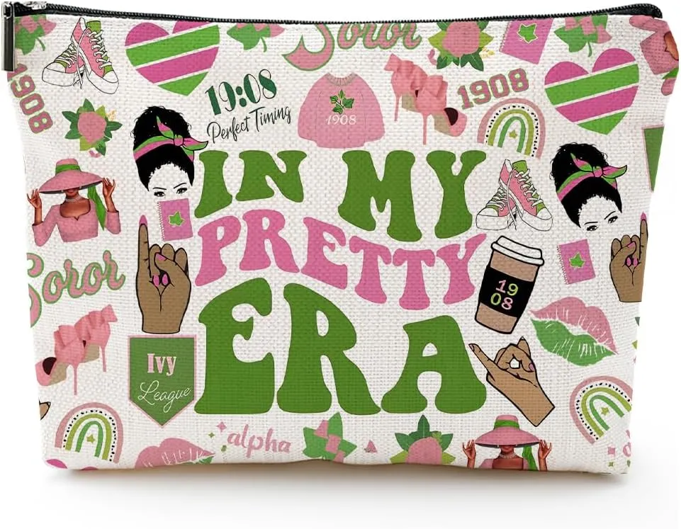 Sorority Gift Pink and Green Canvas Makeup Bags, In My Pretty Era Cosmetic Organizer for Sisters & Friends Greek Sorority Paraphernalia