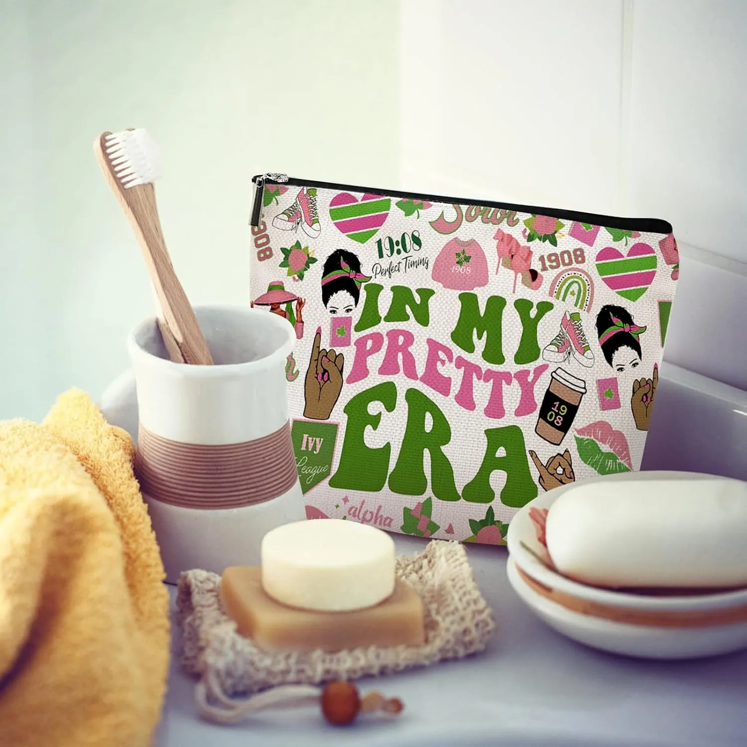 Sorority Gift Pink and Green Canvas Makeup Bags, In My Pretty Era Cosmetic Organizer for Sisters & Friends Greek Sorority Paraphernalia