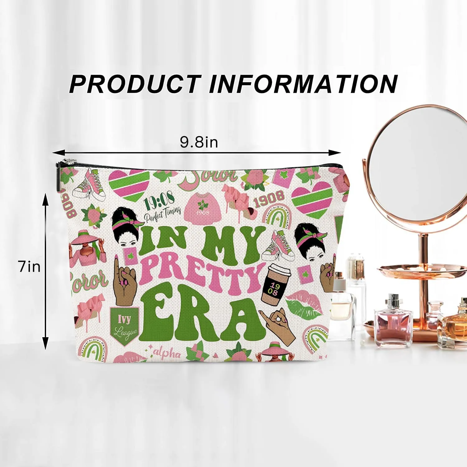Sorority Gift Pink and Green Canvas Makeup Bags, In My Pretty Era Cosmetic Organizer for Sisters & Friends Greek Sorority Paraphernalia