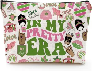 Sorority Gift Pink and Green Canvas Makeup Bags, In My Pretty Era Cosmetic Organizer for Sisters & Friends Greek Sorority Paraphernalia