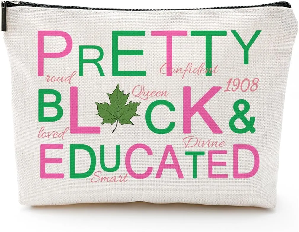 Sorority Gift Pink and Green Canvas Makeup Bags, Pretty Black and Educated Cosmetic Organizer for Sisters & Friends Greek Sorority Paraphernalia