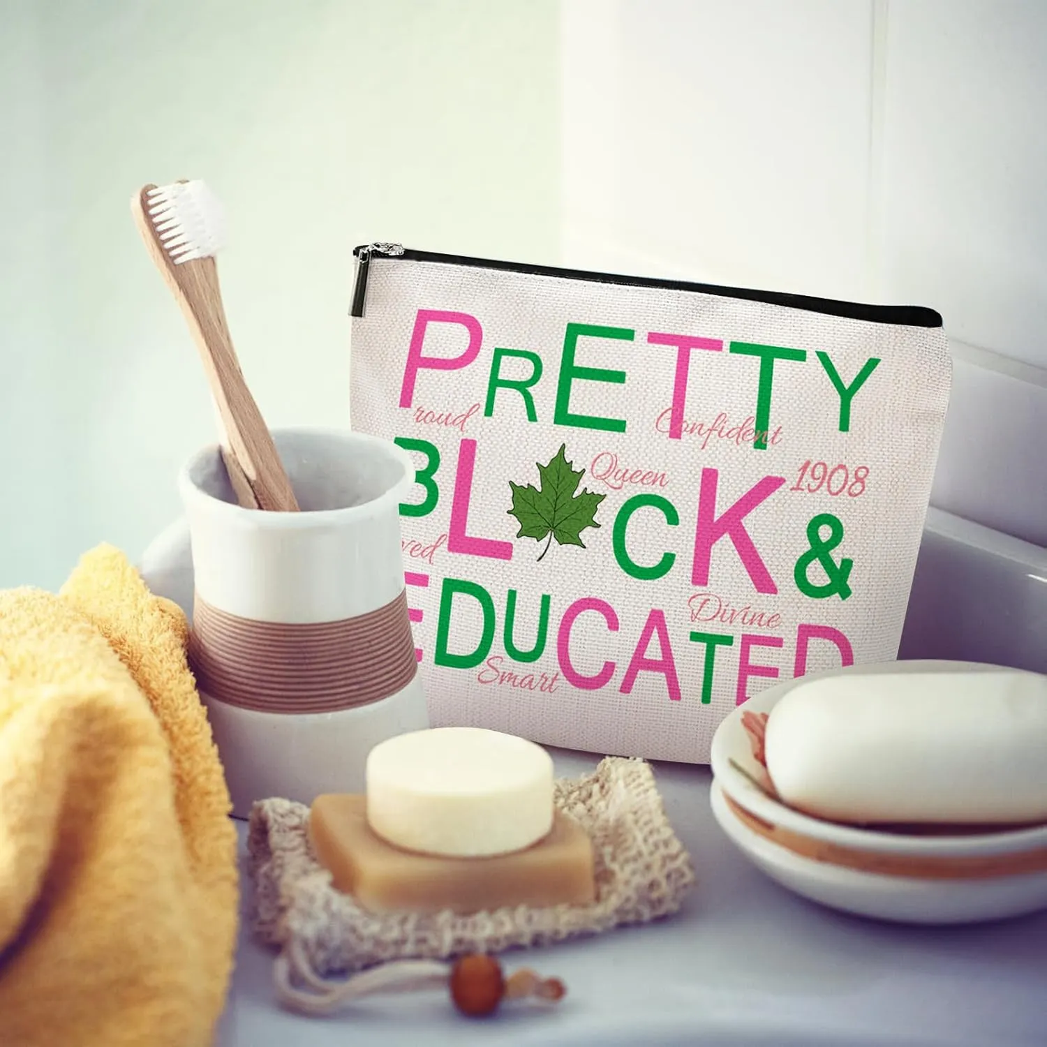 Sorority Gift Pink and Green Canvas Makeup Bags, Pretty Black and Educated Cosmetic Organizer for Sisters & Friends Greek Sorority Paraphernalia