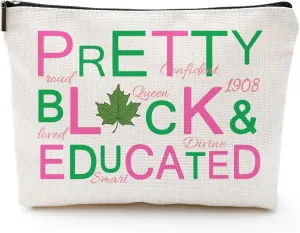 Sorority Gift Pink and Green Canvas Makeup Bags, Pretty Black and Educated Cosmetic Organizer for Sisters & Friends Greek Sorority Paraphernalia