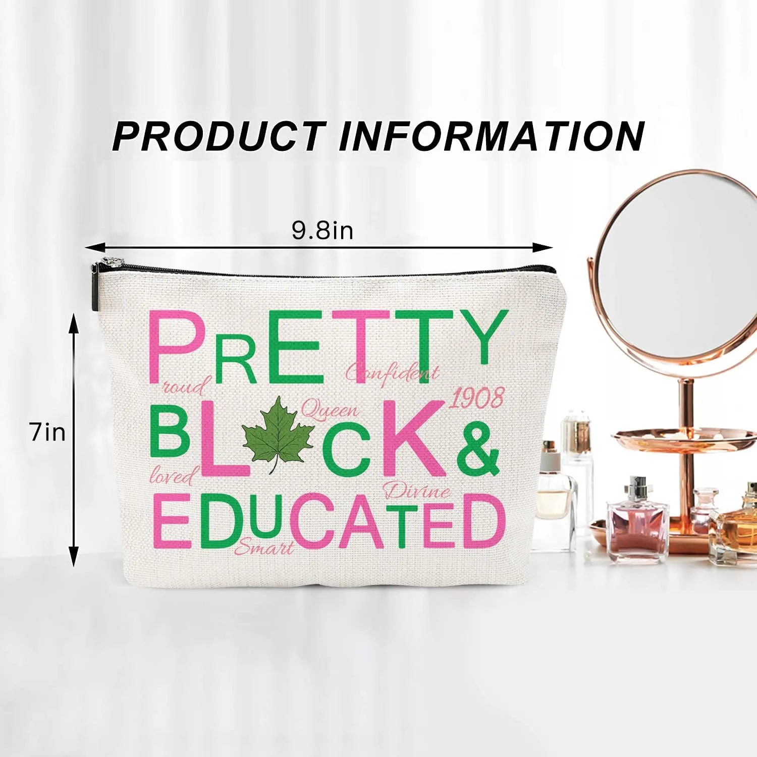 Sorority Gift Pink and Green Canvas Makeup Bags, Pretty Black and Educated Cosmetic Organizer for Sisters & Friends Greek Sorority Paraphernalia