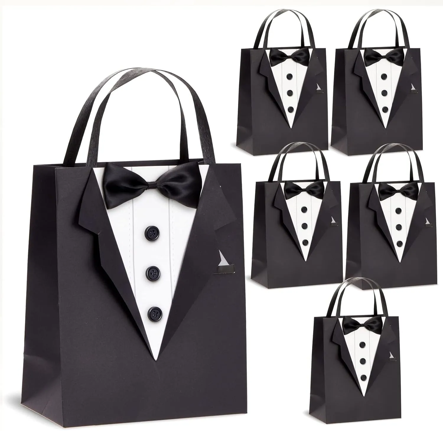 Sparkle and Bash 6 Pack Gift Bags with 3D Tuxedo Design, Satin Bow Tie, Real Buttons for Wedding, Groomsmen, Bachelor or Birthday Party Celebration (Black, 8 x 4.5 x 10 Inches)