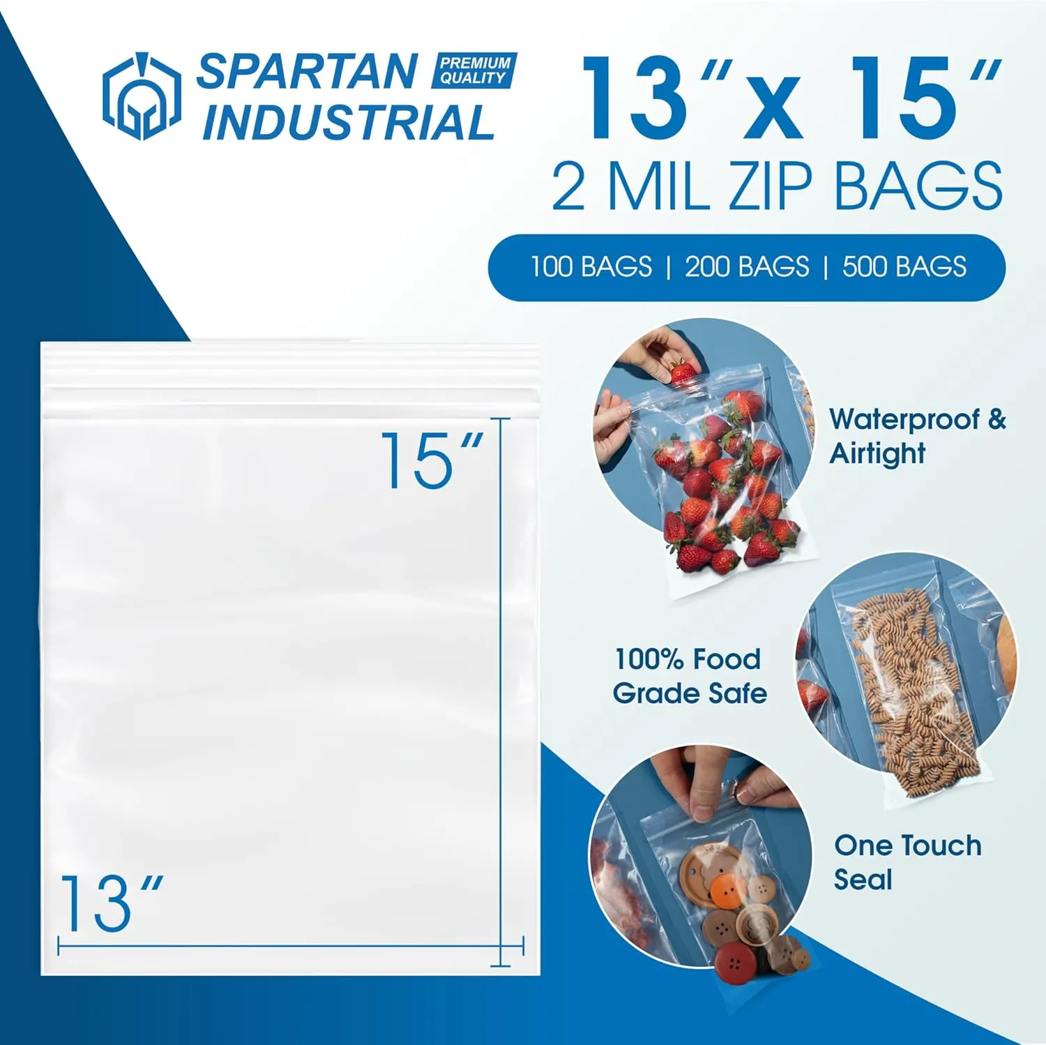 Spartan Industrial - 13" X 15" (100 Count) 2 Mil Clear Reclosable Zip Plastic Poly Bags with Resealable Lock Seal Zipper