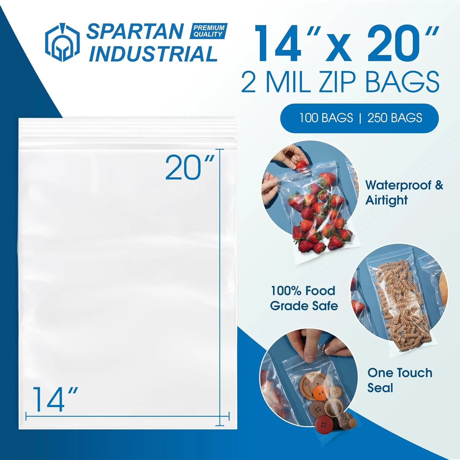 Spartan Industrial - 14” X 20” (100 Count) 2 Mil Clear Reclosable Zip Plastic Poly Bags with Resealable Lock Seal Zipper