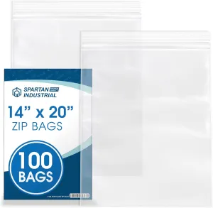 Spartan Industrial - 14” X 20” (100 Count) 2 Mil Clear Reclosable Zip Plastic Poly Bags with Resealable Lock Seal Zipper