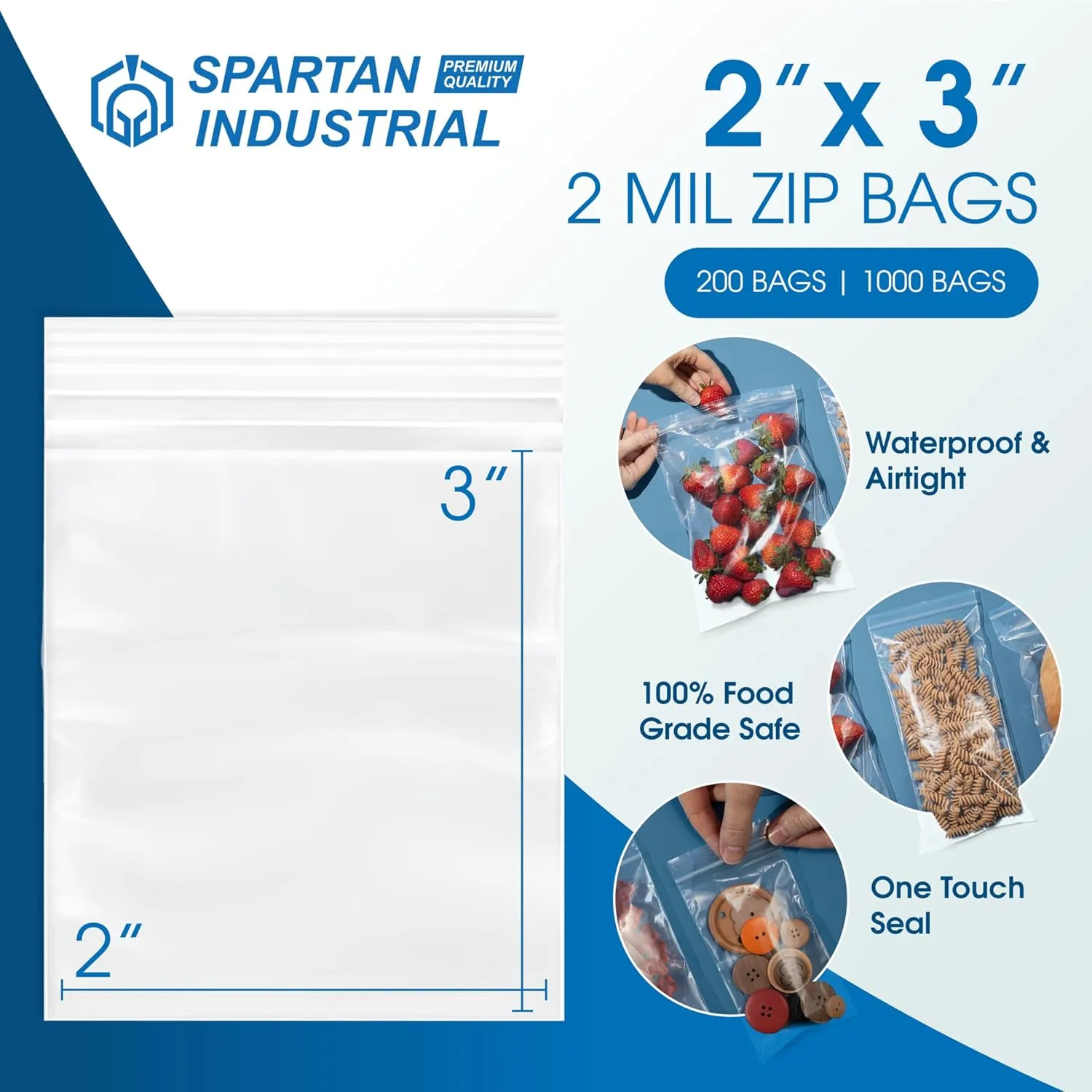 Spartan Industrial - 2” X 3” (1000 Count) 2 Mil Clear Reclosable Zip Plastic Poly Bags with Resealable Lock Seal Zipper