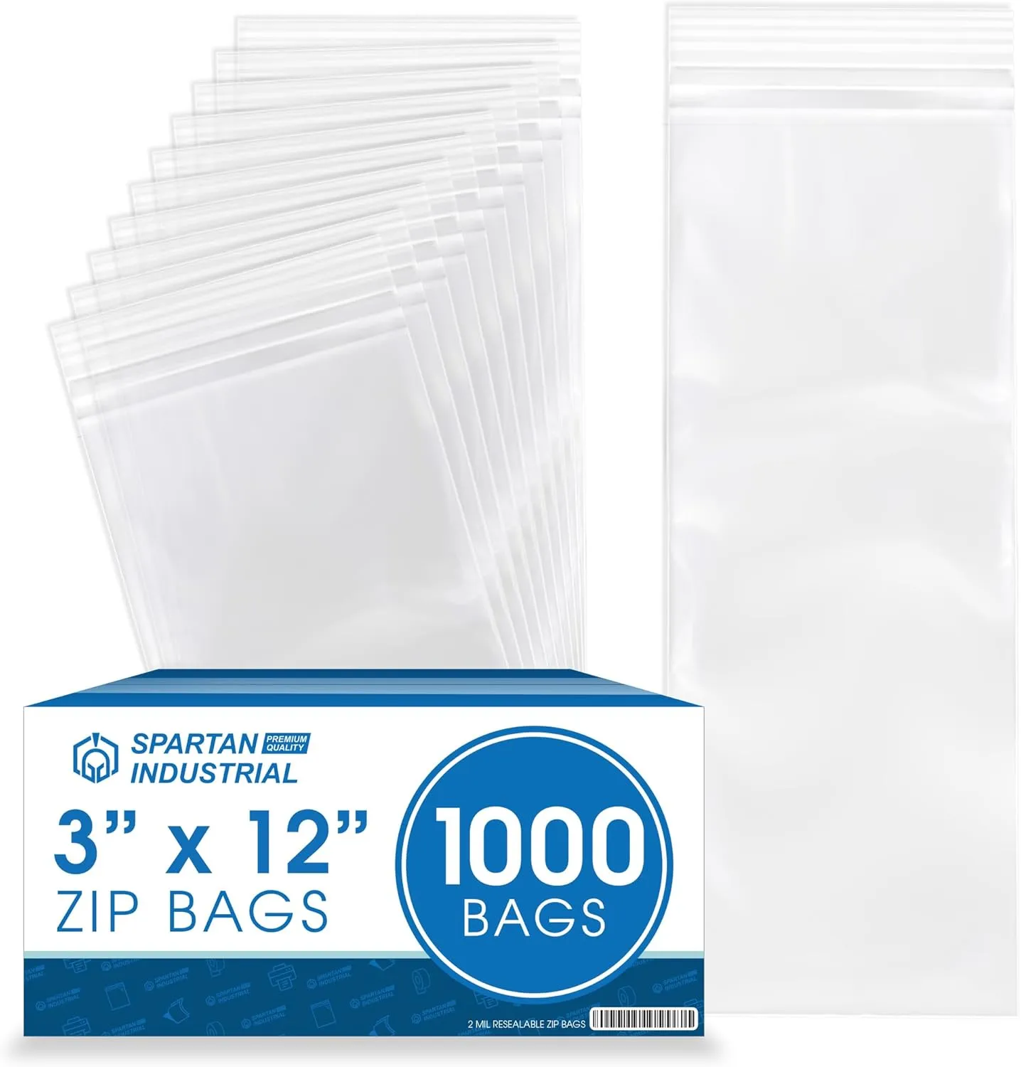 Spartan Industrial - 3” X 12” (1000 Count) 2 Mil Clear Reclosable Zip Plastic Poly Bags with Resealable Lock Seal Zipper