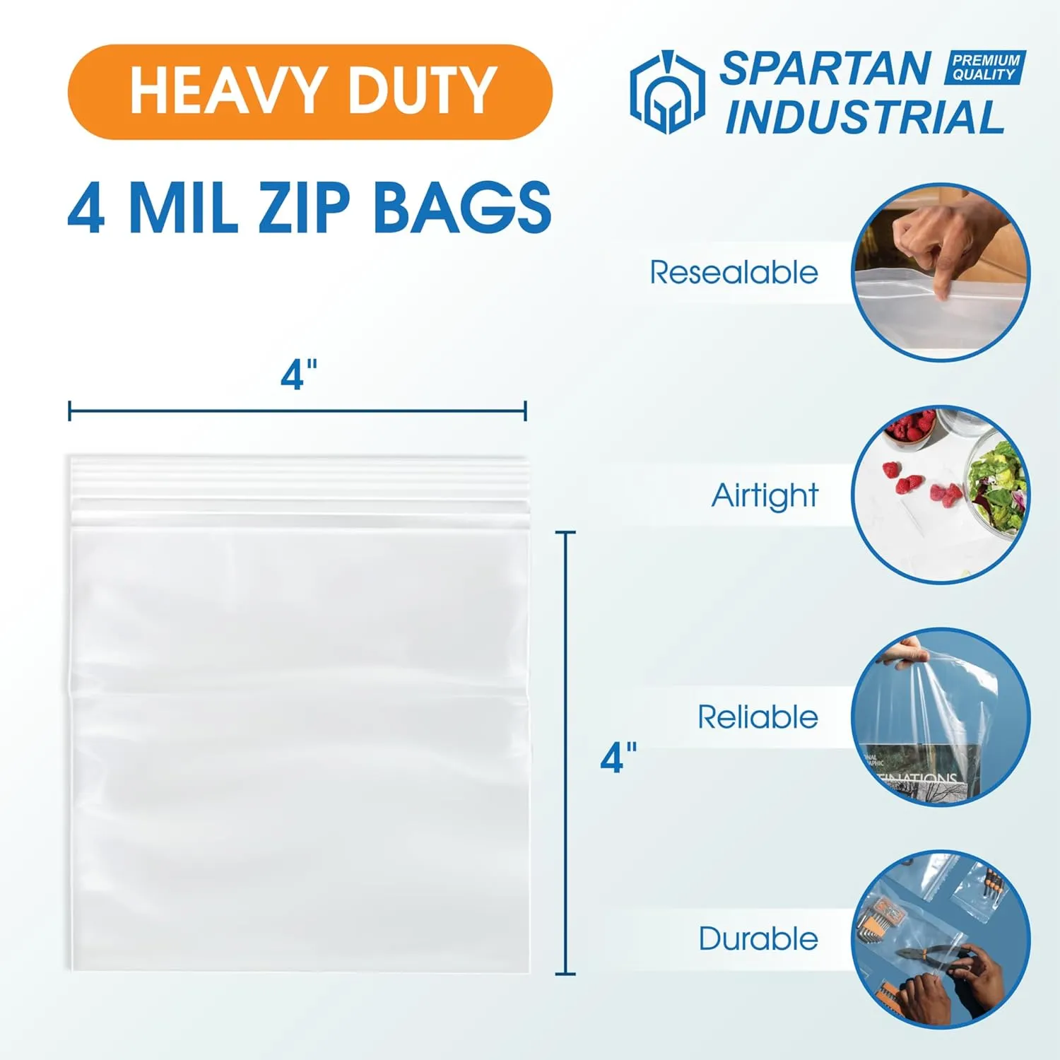 Spartan Industrial - 4" X 4" Clear Zip Bags (1000 Count) Heavy Duty 4 Mil Plastic Bags With Resealable Zipper to Bag Bolts, Seeds, and Small Parts