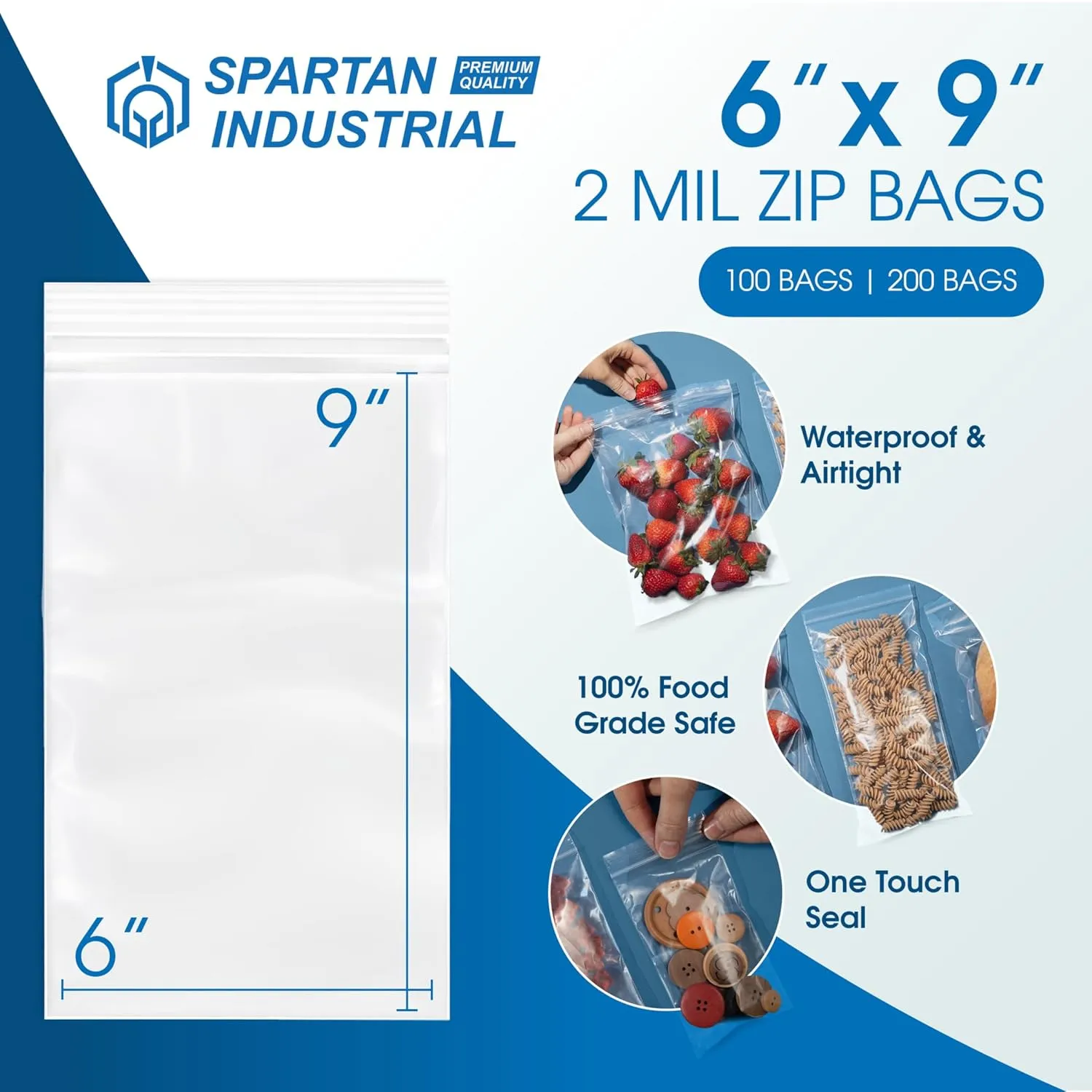 Spartan Industrial - 6” X 9” (1000 Count) 2 Mil Clear Reclosable Zip Plastic Poly Bags with Resealable Lock Seal Zipper