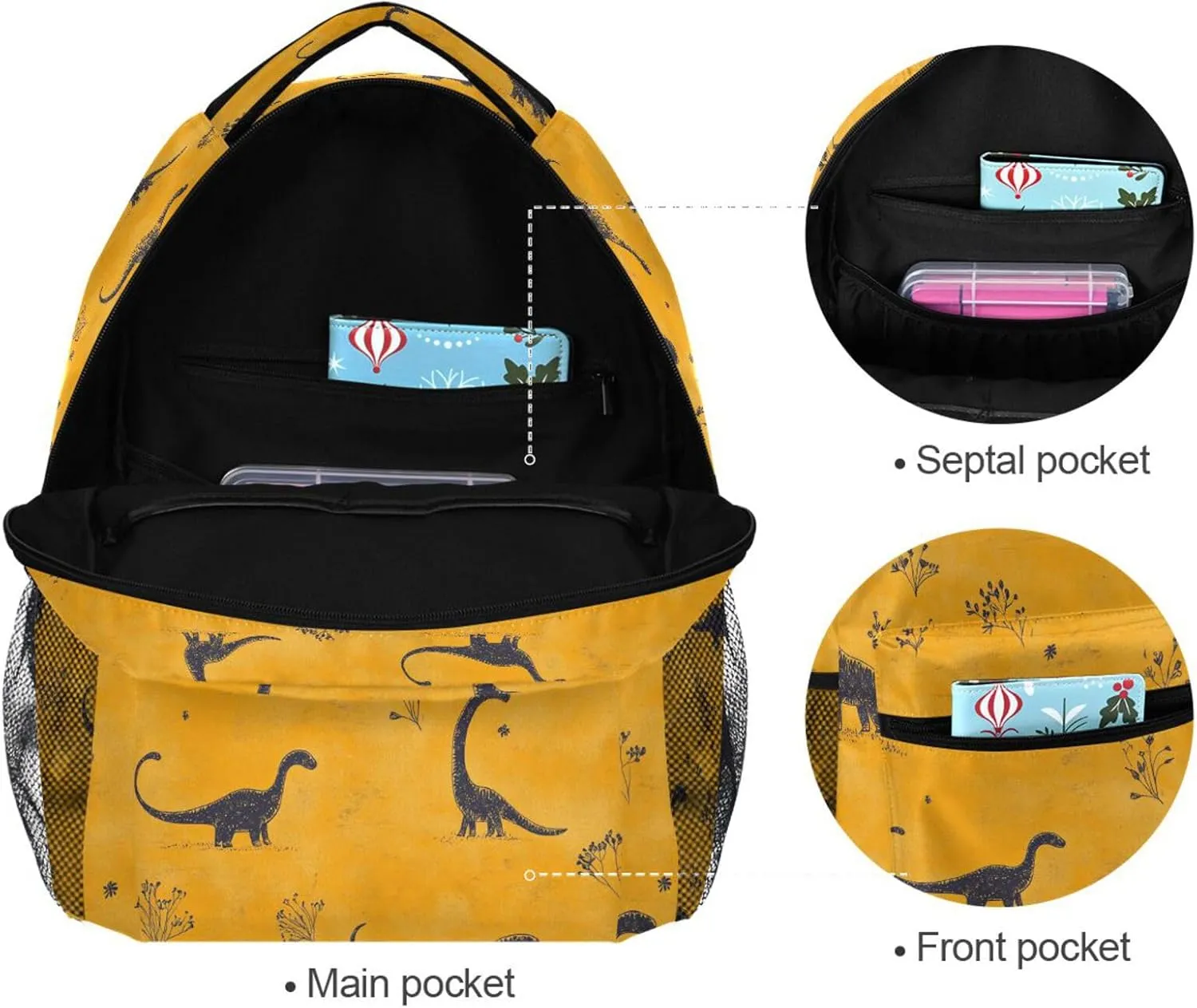 Sport Backpack for Teacher Nurse Waterproof Laptop Bookbag with Chest Strap for Travel Trip Beauty Dinosaur Diplodocus Gold