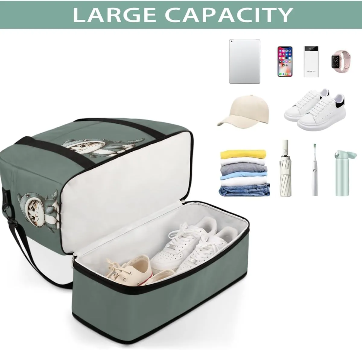 Sports Gym Bag Cat Dolphin Cute Large Travel Duffel Bag With Shoe Compartment Foldable Waterproof Carry-On Weekend Travel Bags for Camping Overnight Yoga Hospital Travel Bags