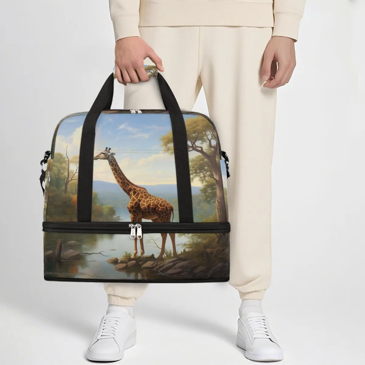 Sports Gym Bag Forest Giraffe Landscape Large Travel Duffel Bag With Shoe Compartment Foldable Waterproof Carry-On Weekend Travel Bags for Camping Overnight Yoga Hospital Travel Bags